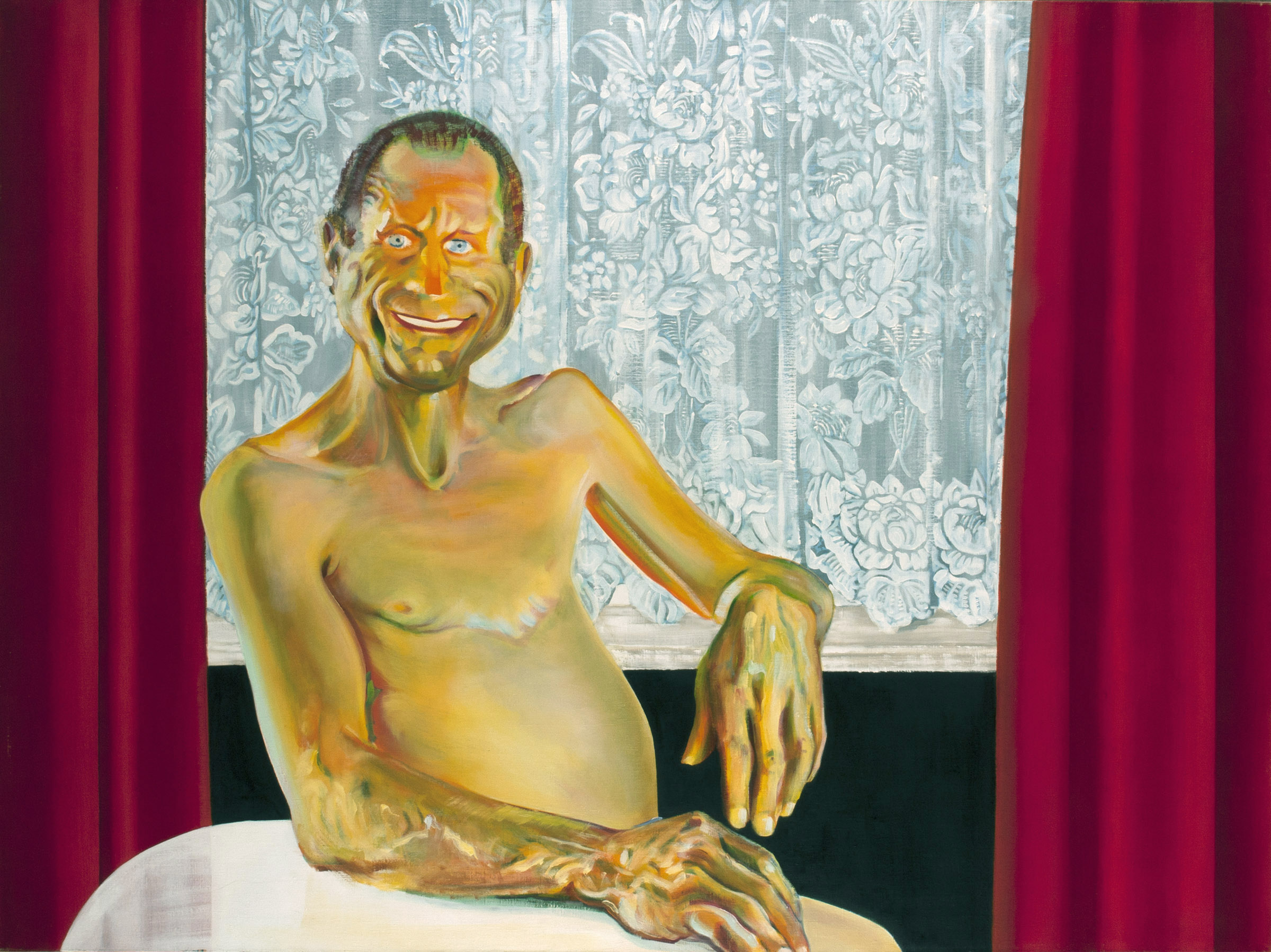 schilderij van man met ontbloot bovenlichaam voor gehaakt gordijn - Cornelia Vrolijk
