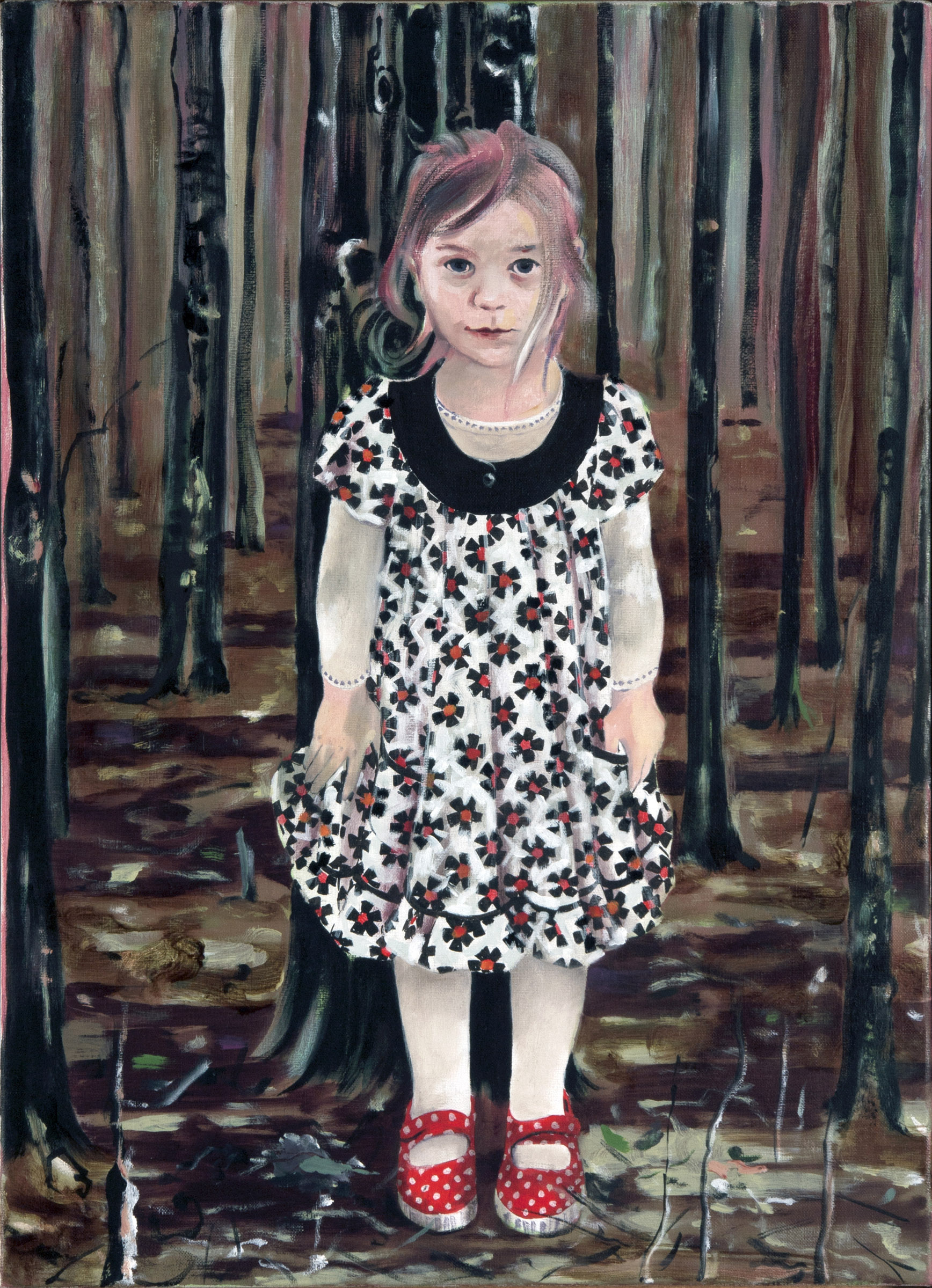 schilderij van meisje in wit jurkje met bloemetjes, in het bos - Cornelia Vrolijk