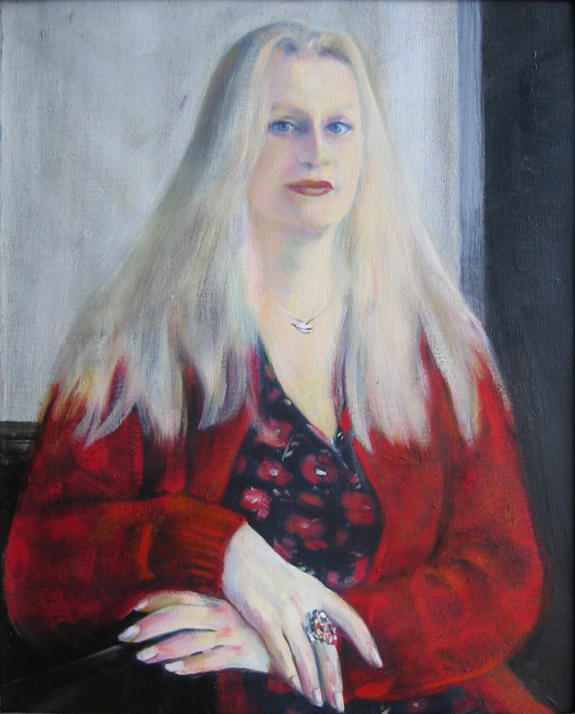 schilderij van jonge vrouw met rood vest - Cornelia Vrolijk