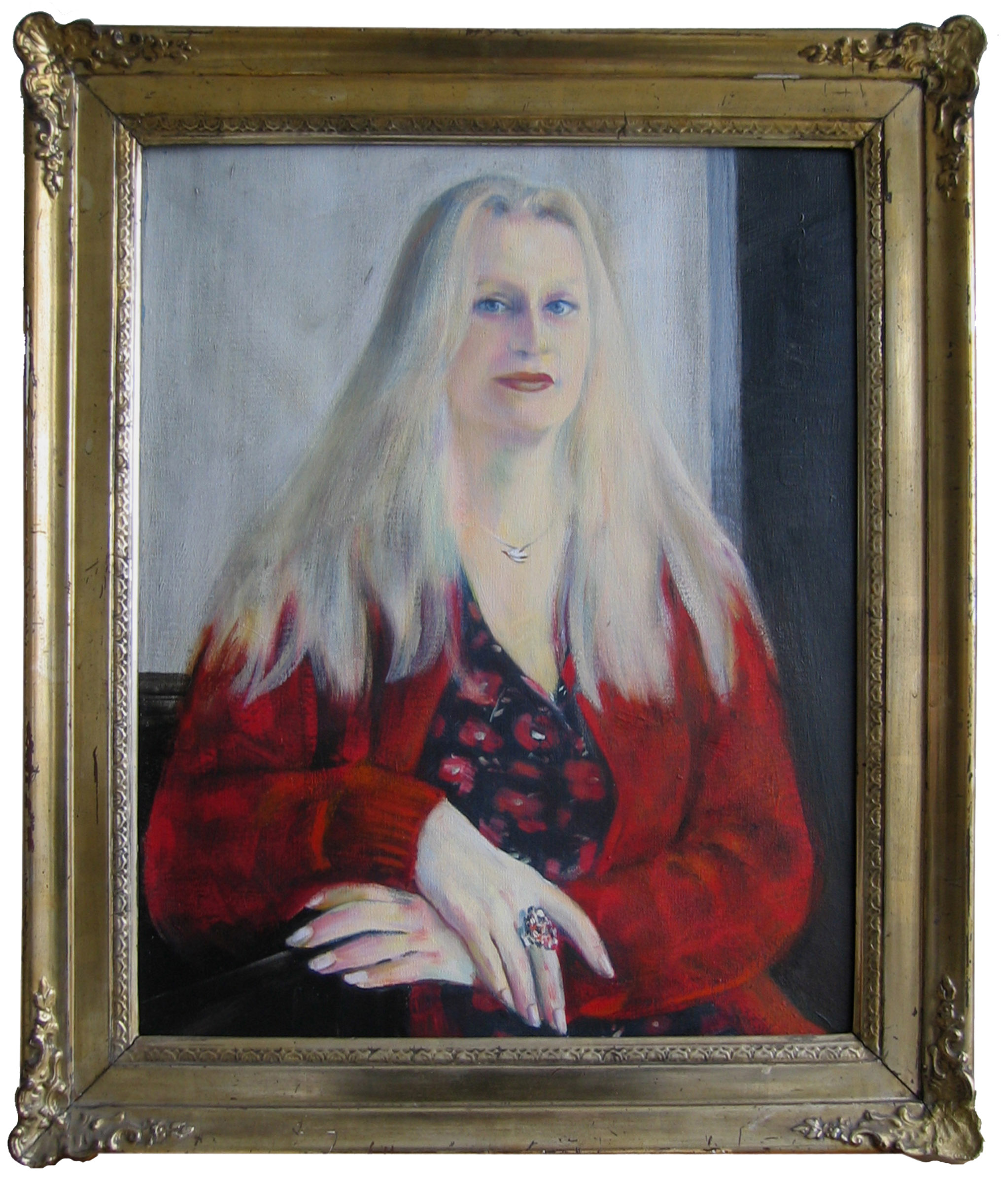 schilderij van jonge vrouw met rood vest - Cornelia Vrolijk