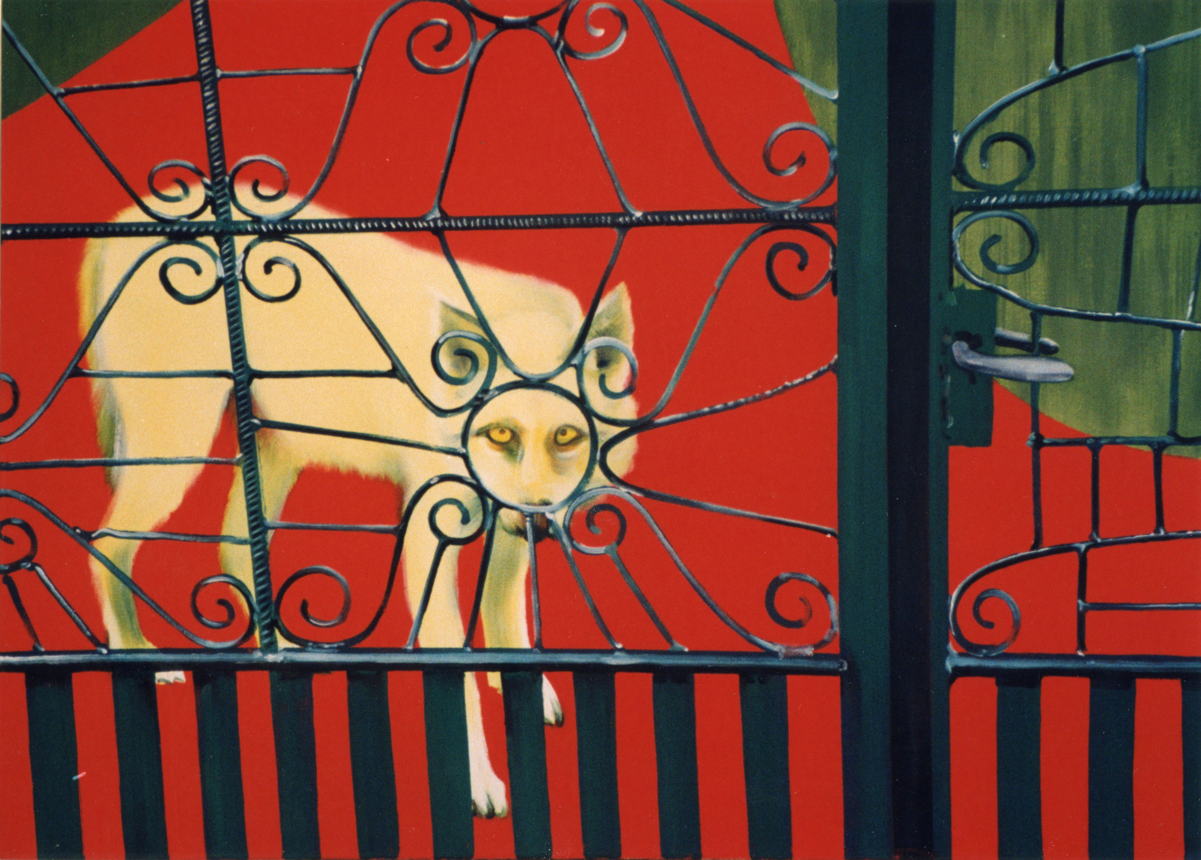schilderij van herdershond achter een hek - Cornelia Vrolijk