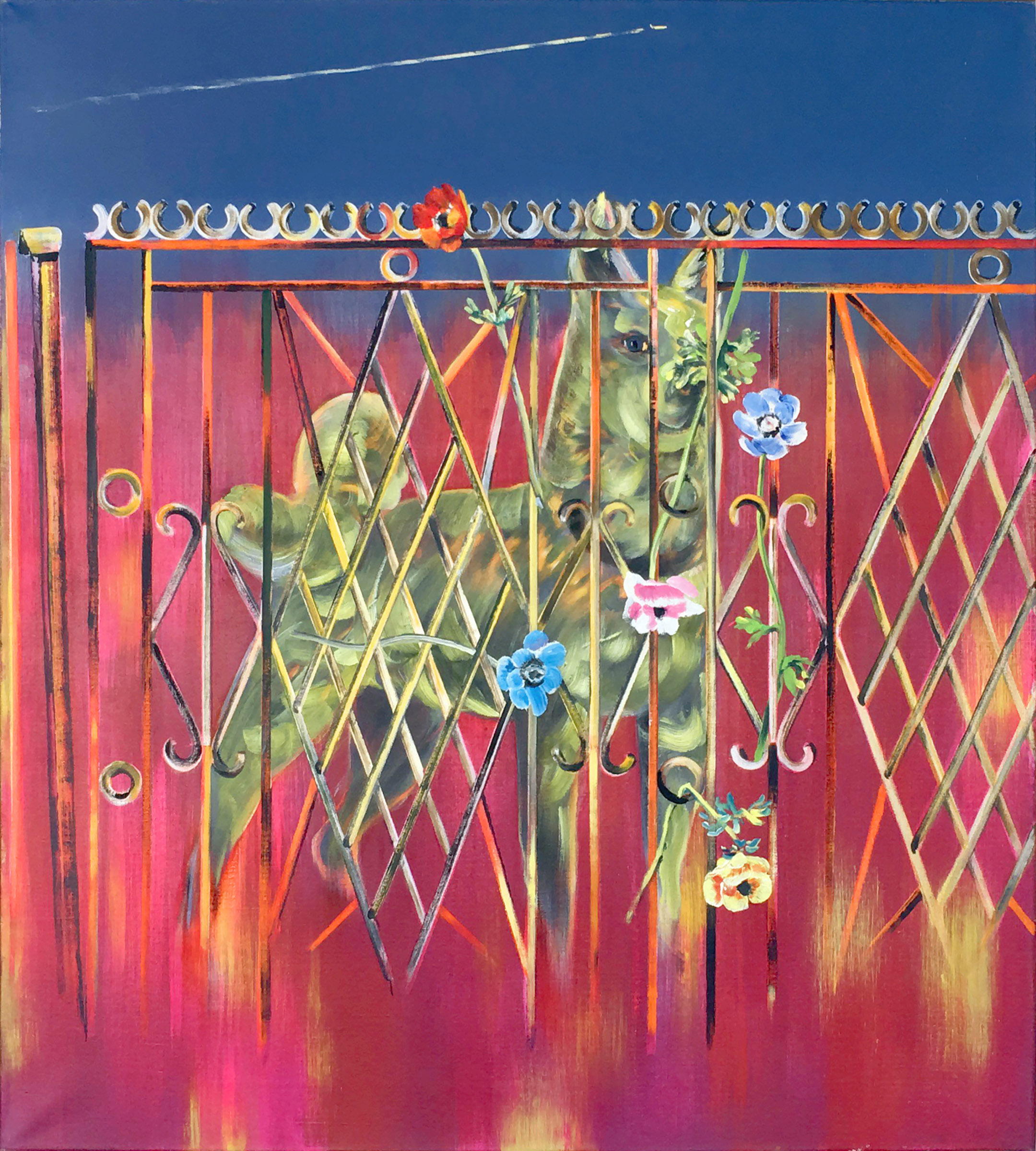 schilderij van hond achter hek met bloemen - Cornelia Vrolijk