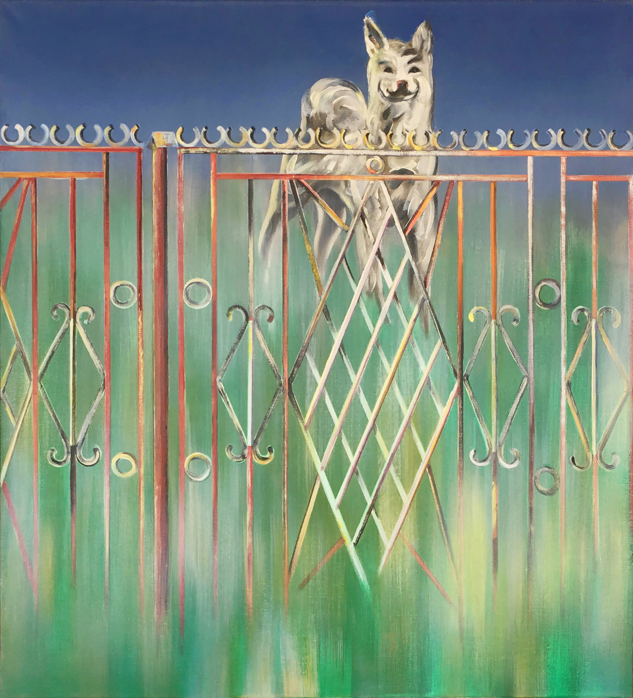 schilderij van hond achter hek - Cornelia Vrolijk