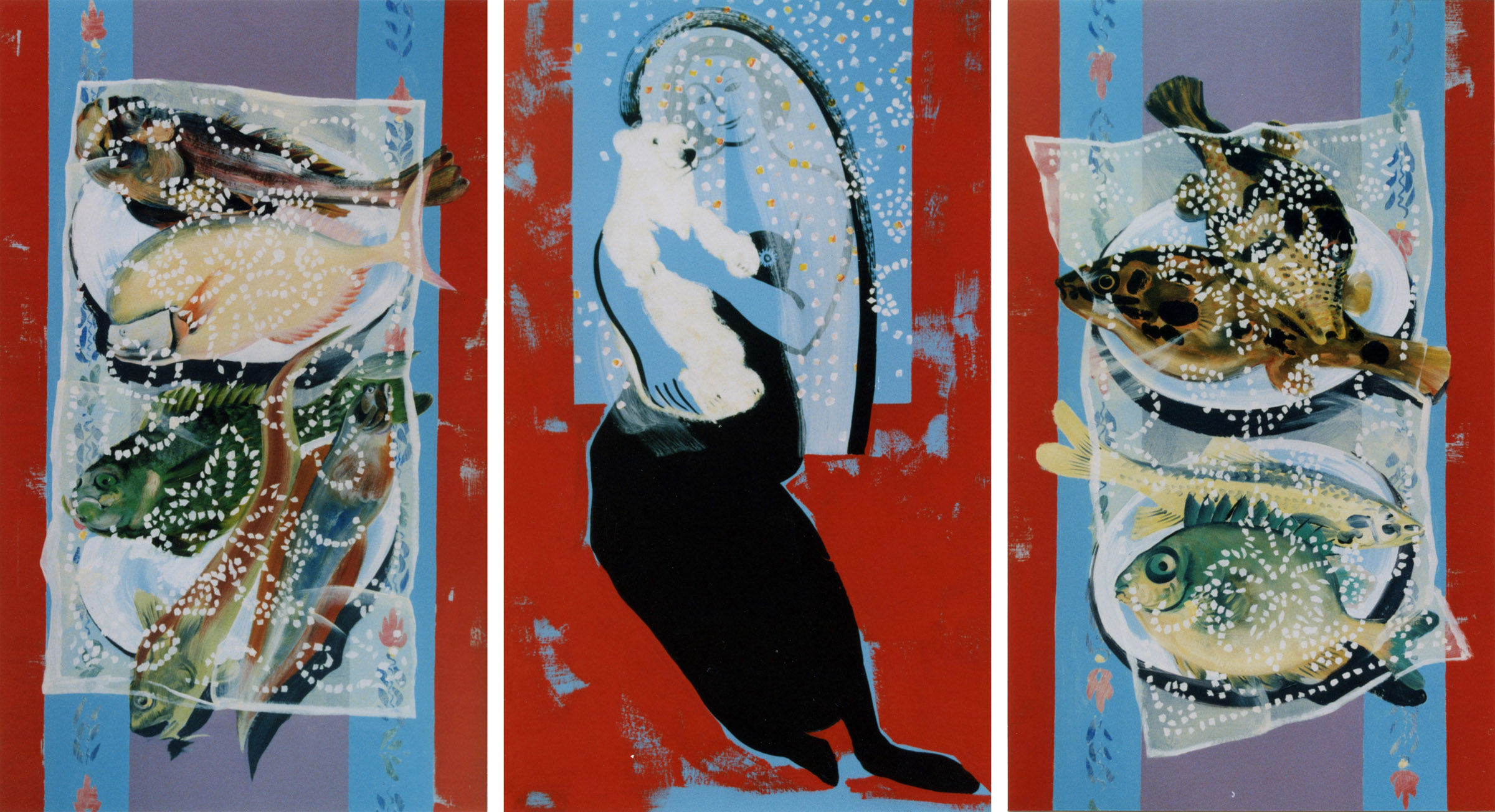 schilderij van gesluierde vrouw (maagd) met pluchen ijsbeertje en visgerechten - Cornelia Vrolijk