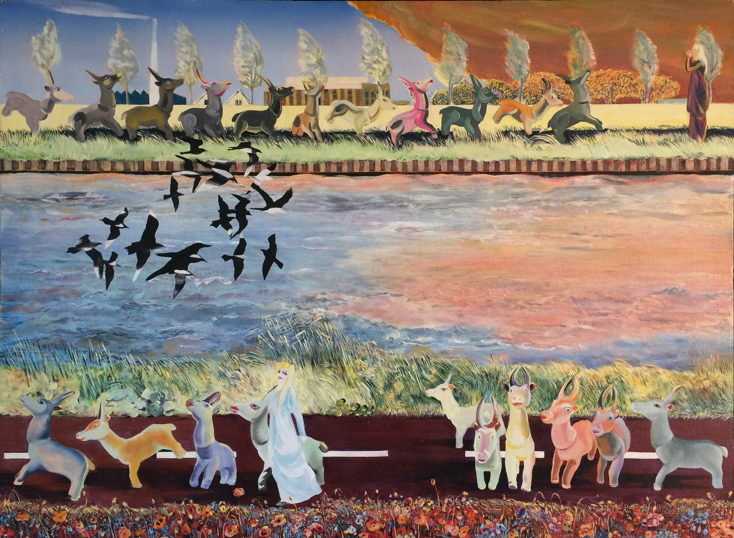 schilderij van Amsterdam-Rijnkanaal met hertjes en vogels en herderin - Cornelia Vrolijk
