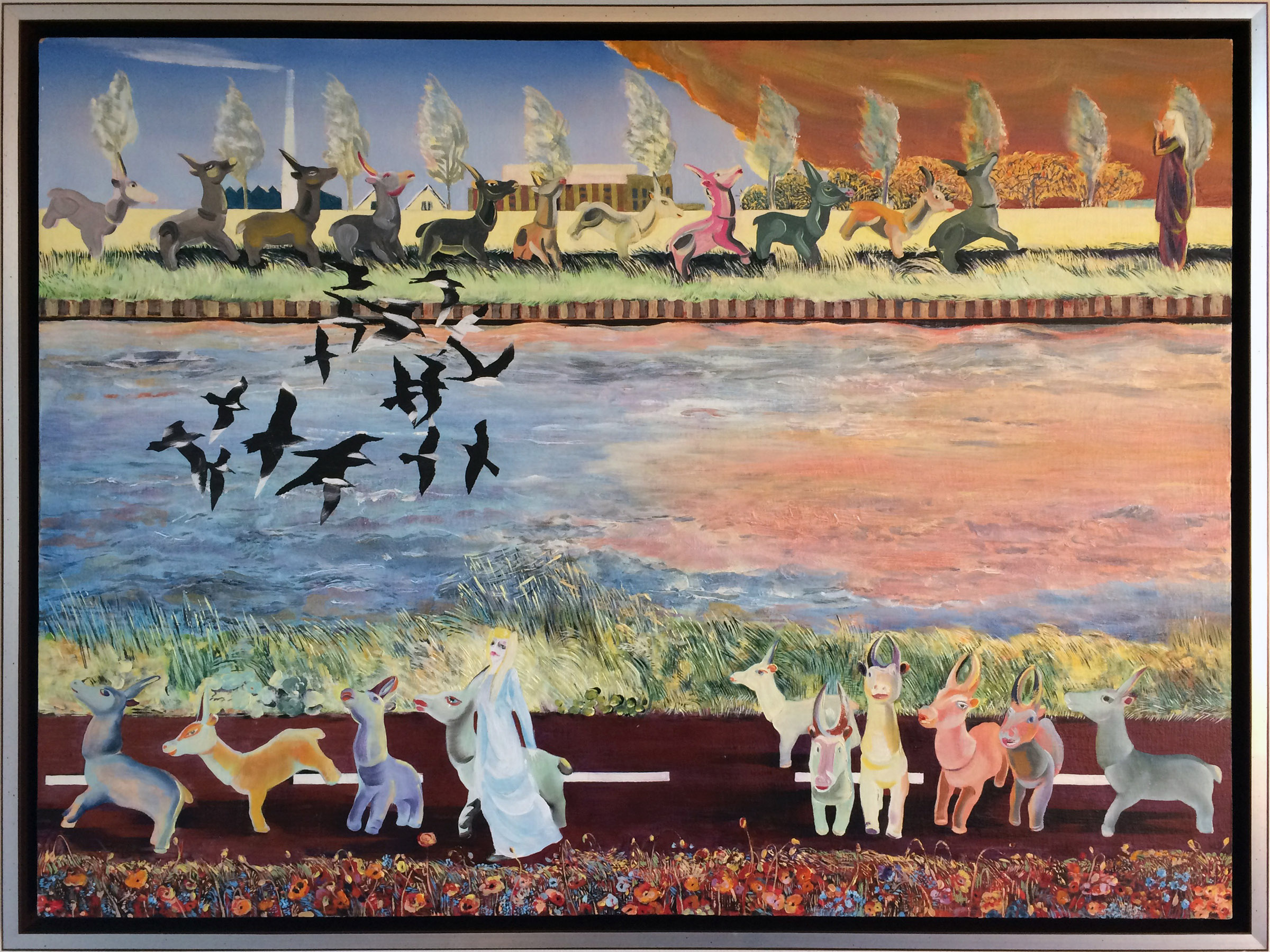 schilderij van Amsterdam-Rijnkanaal met hertjes en vogels en herderin - Cornelia Vrolijk