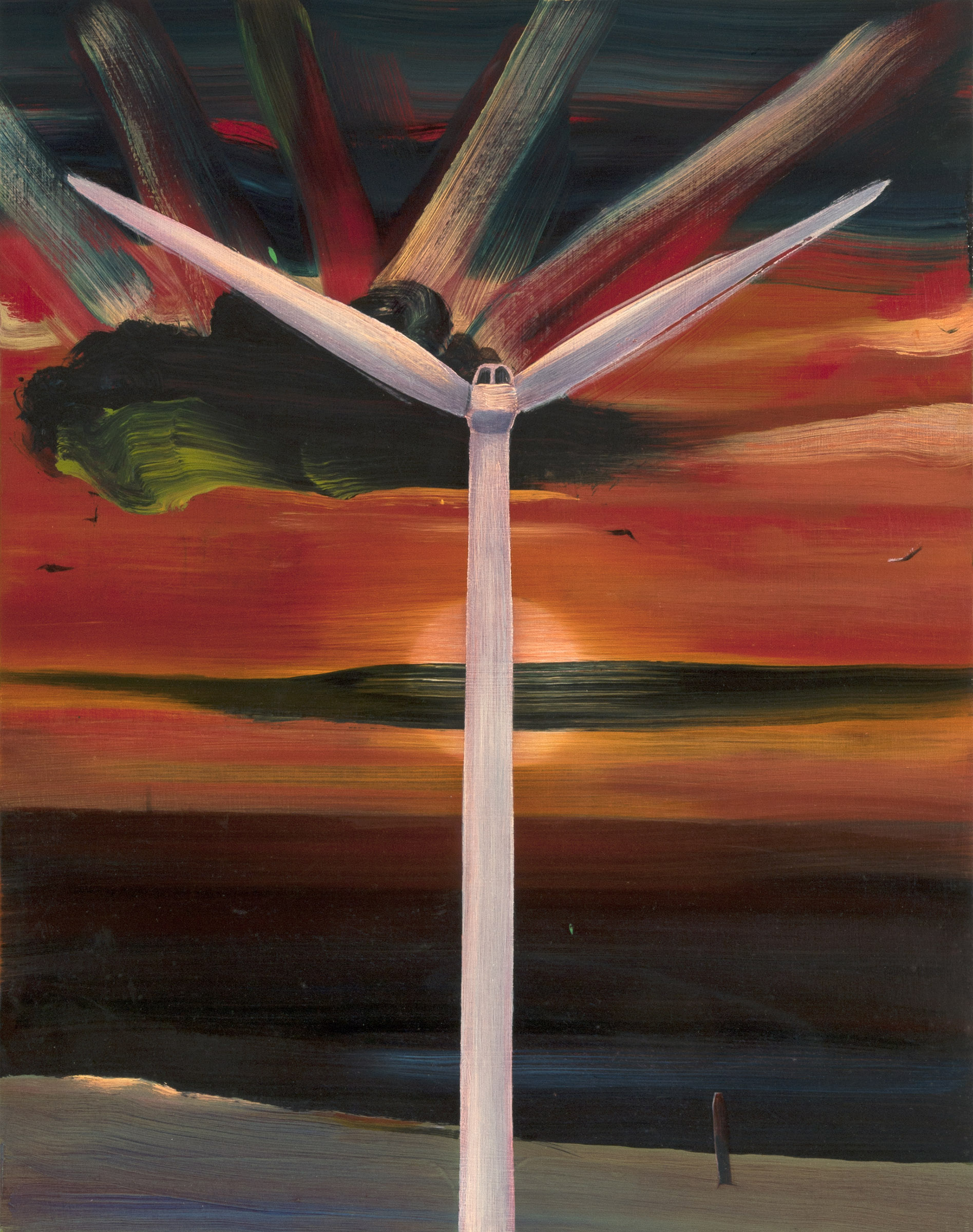 schilderij van zonsondergang met windturbine (windmolen), rode lucht en zwarte wolk - Cornelia Vrolijk