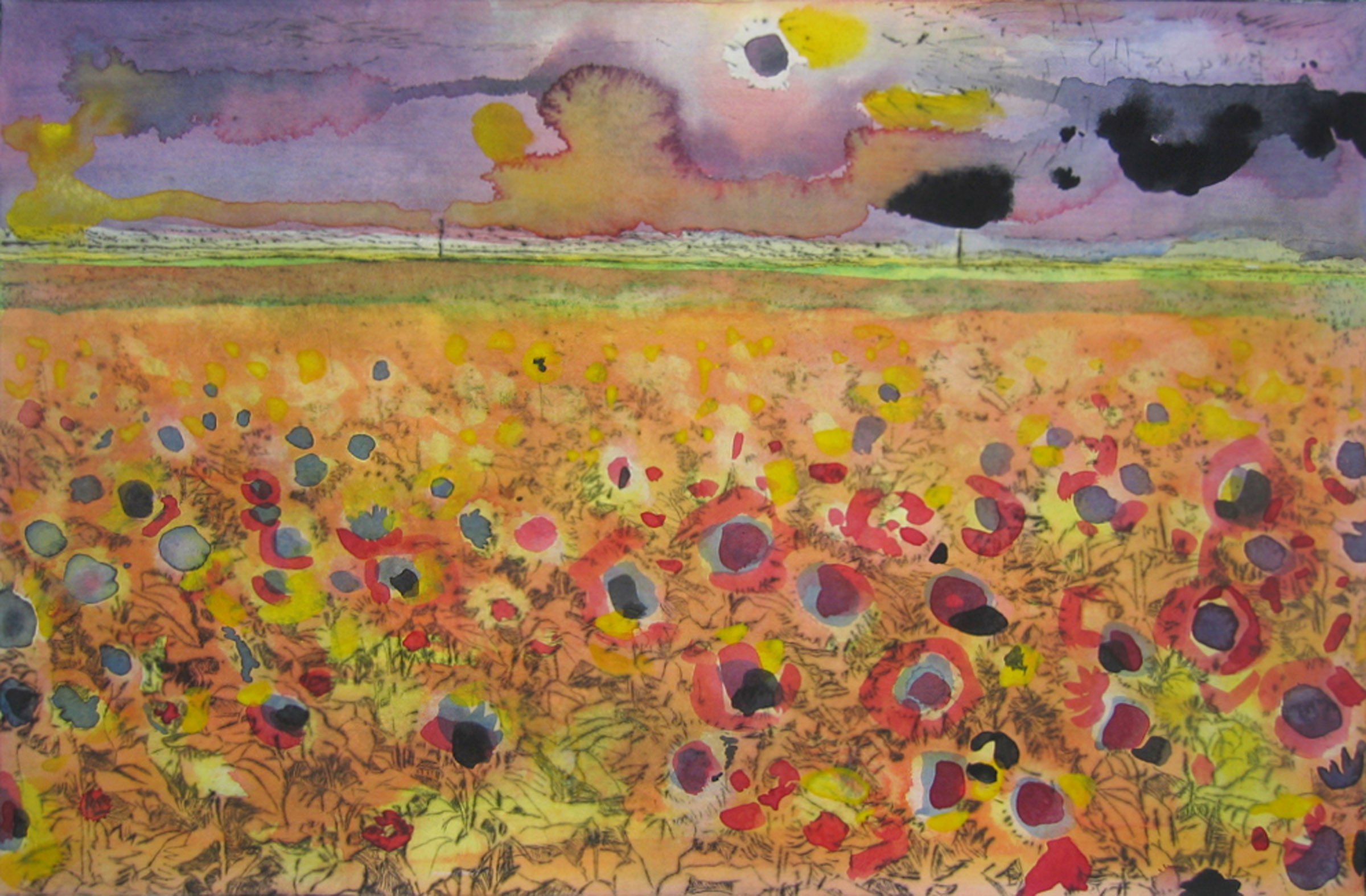 plasticdruk met aquarel van een veld zonnebloemen - Cornelia Vrolijk