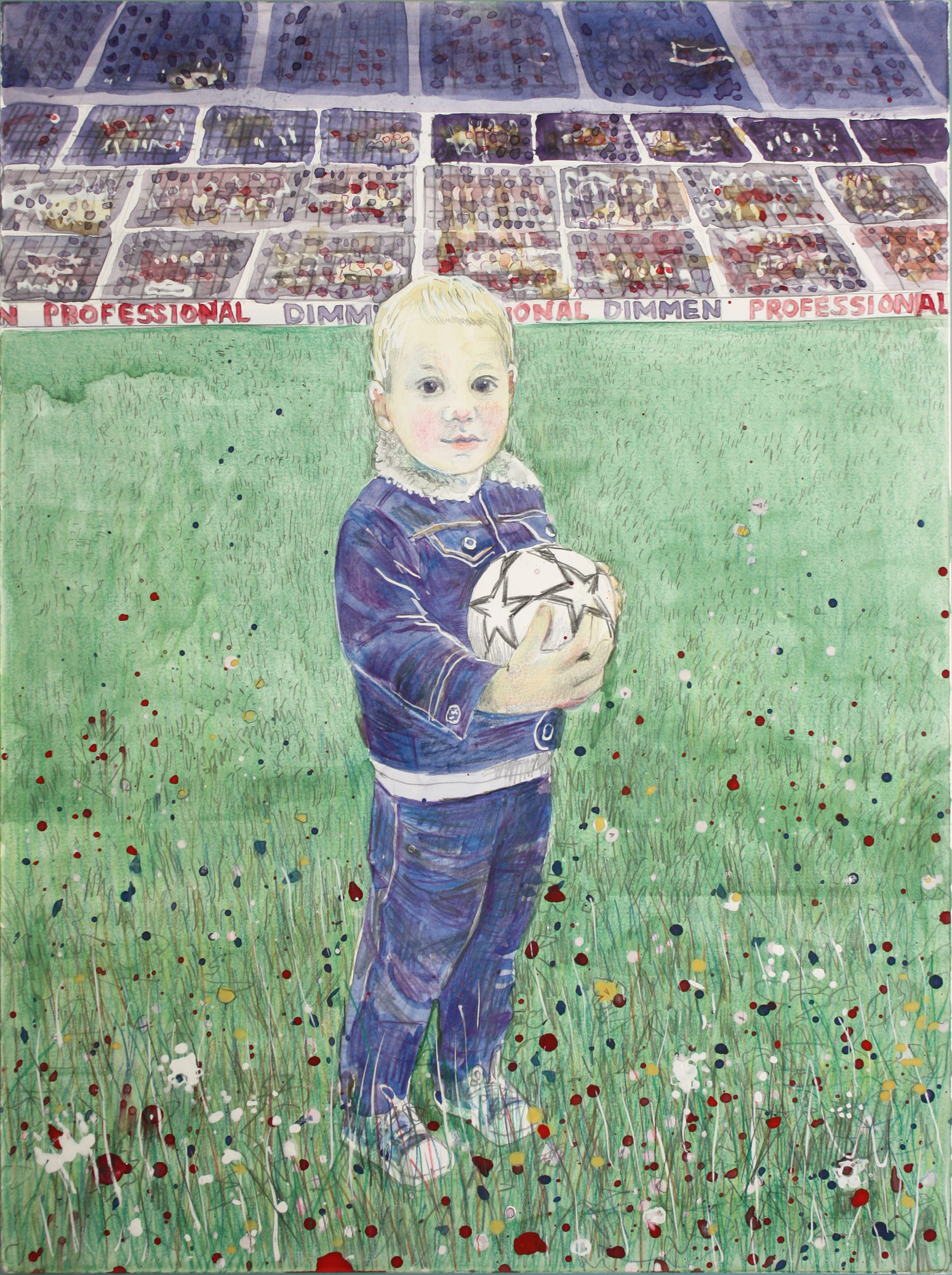 aquarel van jongetje met voetbal in stadion - Cornelia Vrolijk