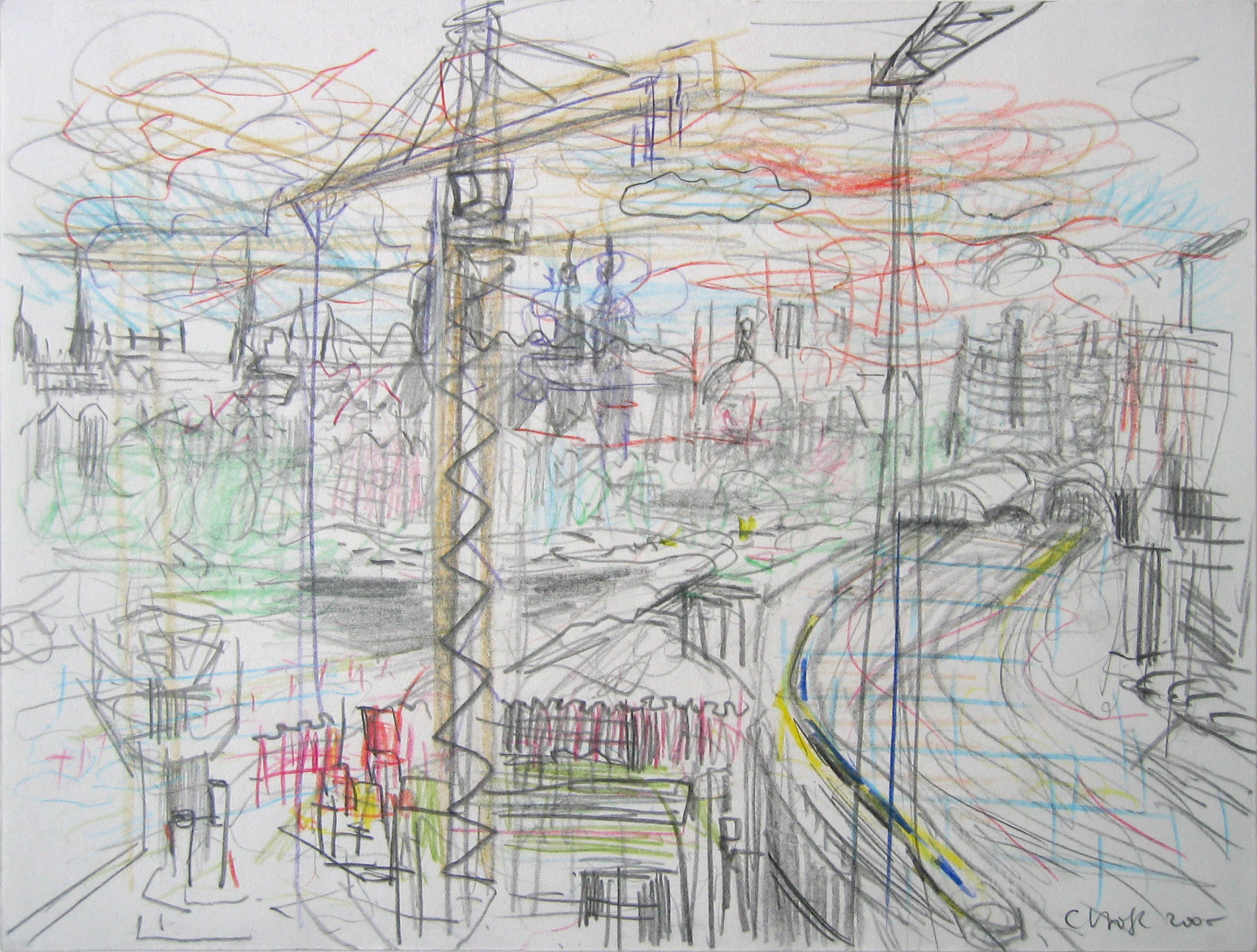 tekening van de bouwwerkzaamheden op het Oosterdokseiland, nabij Centraal Station Amsterdam - Cornelia Vrolijk