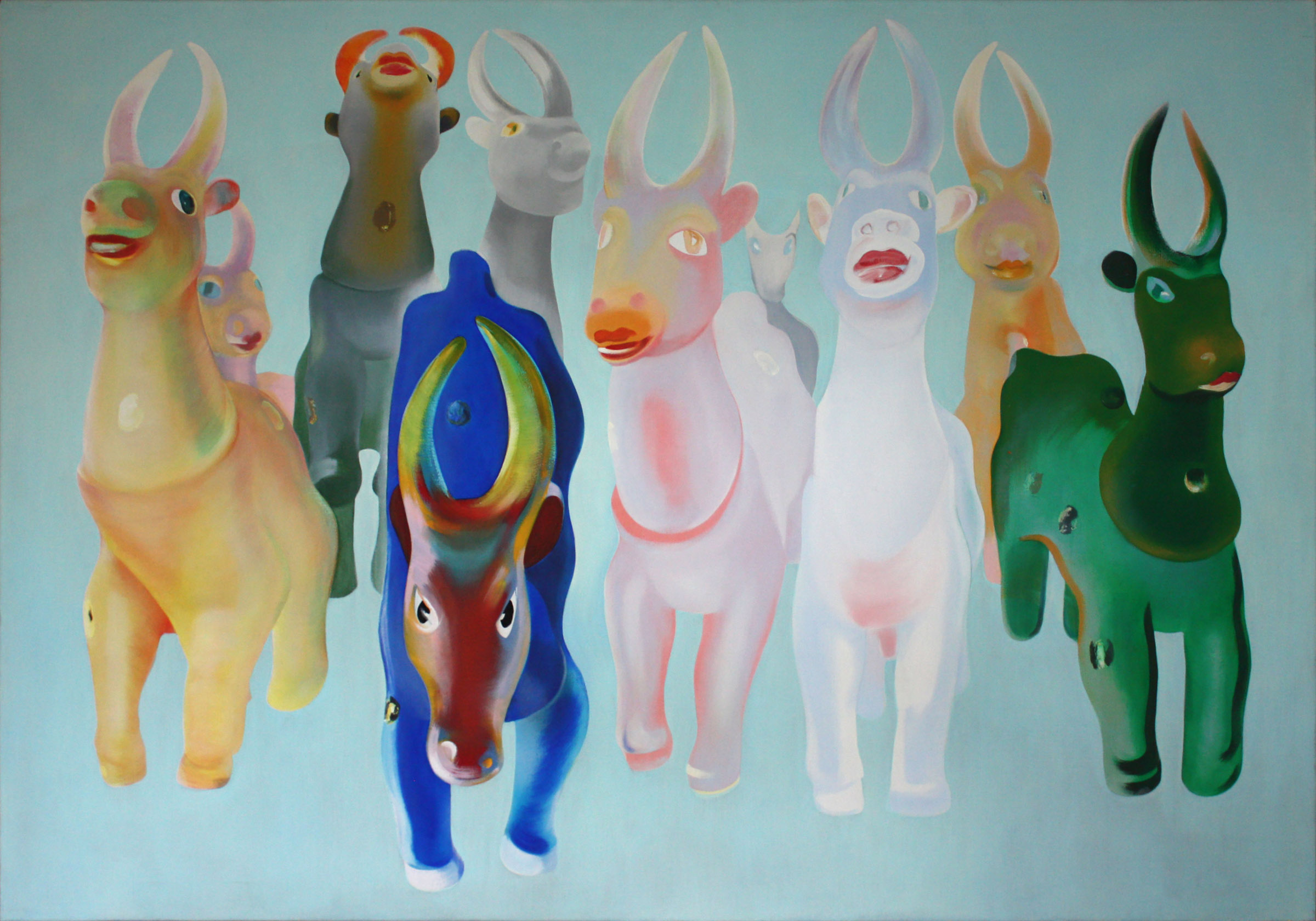 schilderij van kudde hertjes op blauwe achtergrond - Cornelia Vrolijk
