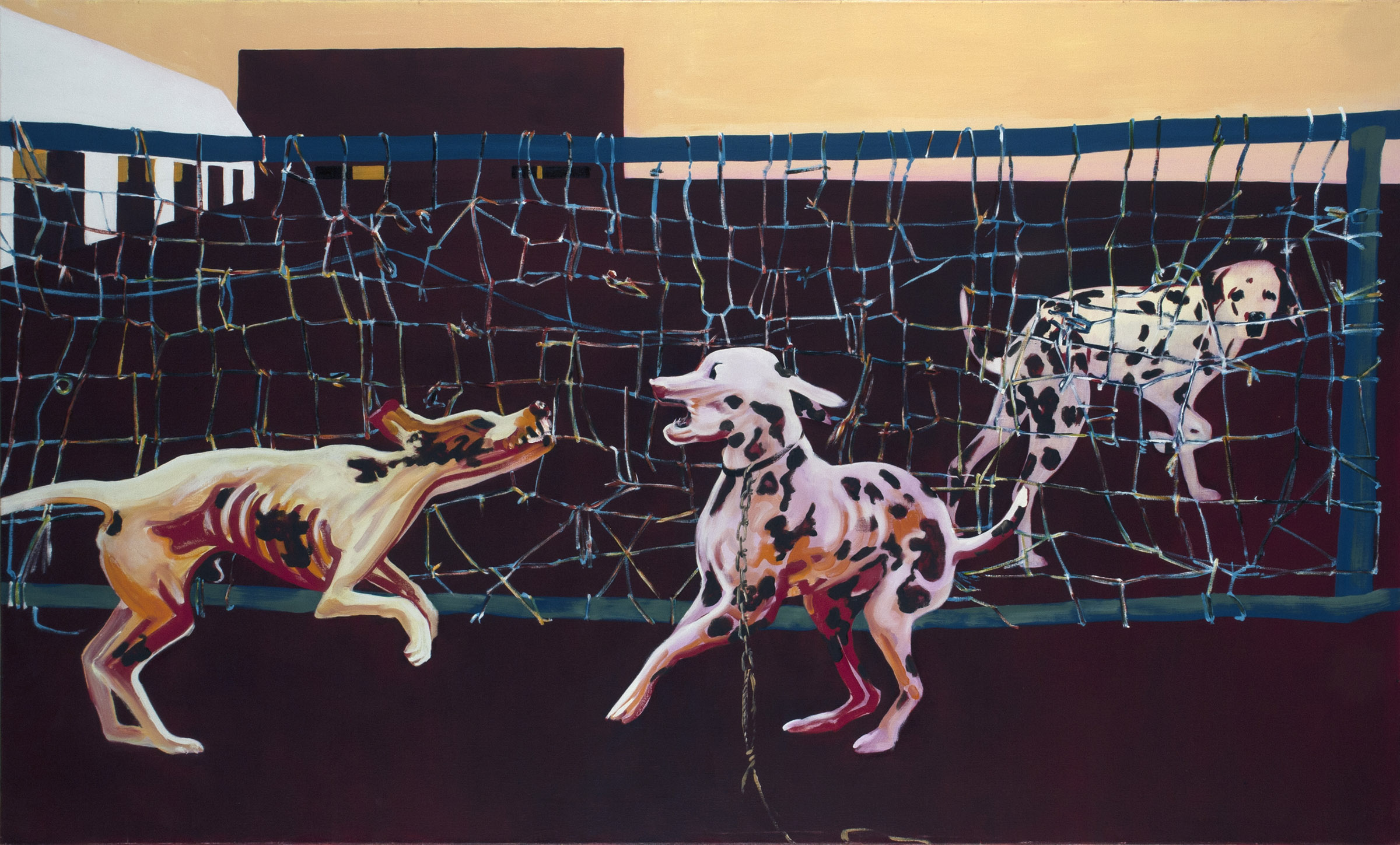 schilderij van boze honden bij een hek - Cornelia Vrolijk