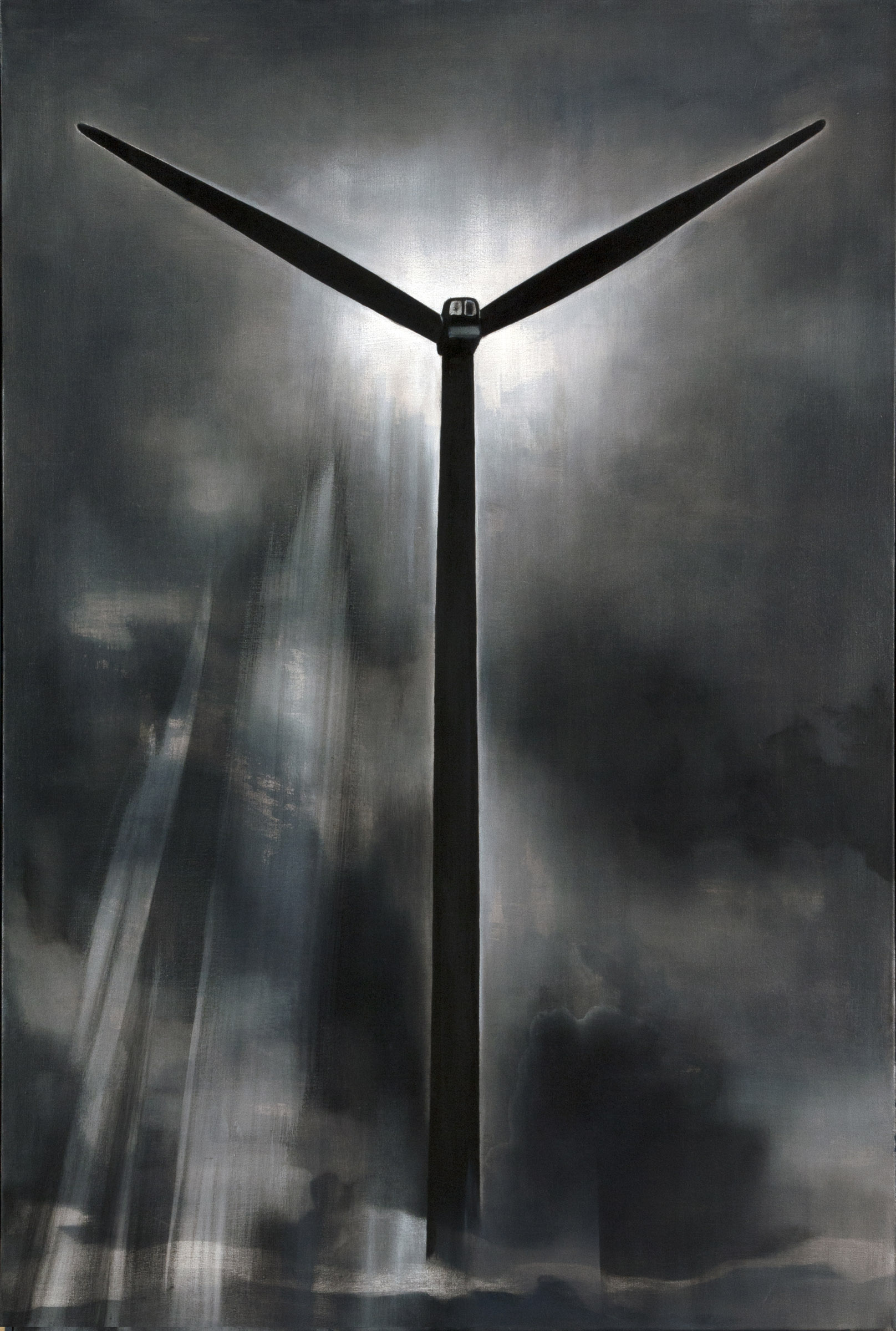 schilderij van windmolen of windturbine voor donkere wolkenlucht - Cornelia Vrolijk