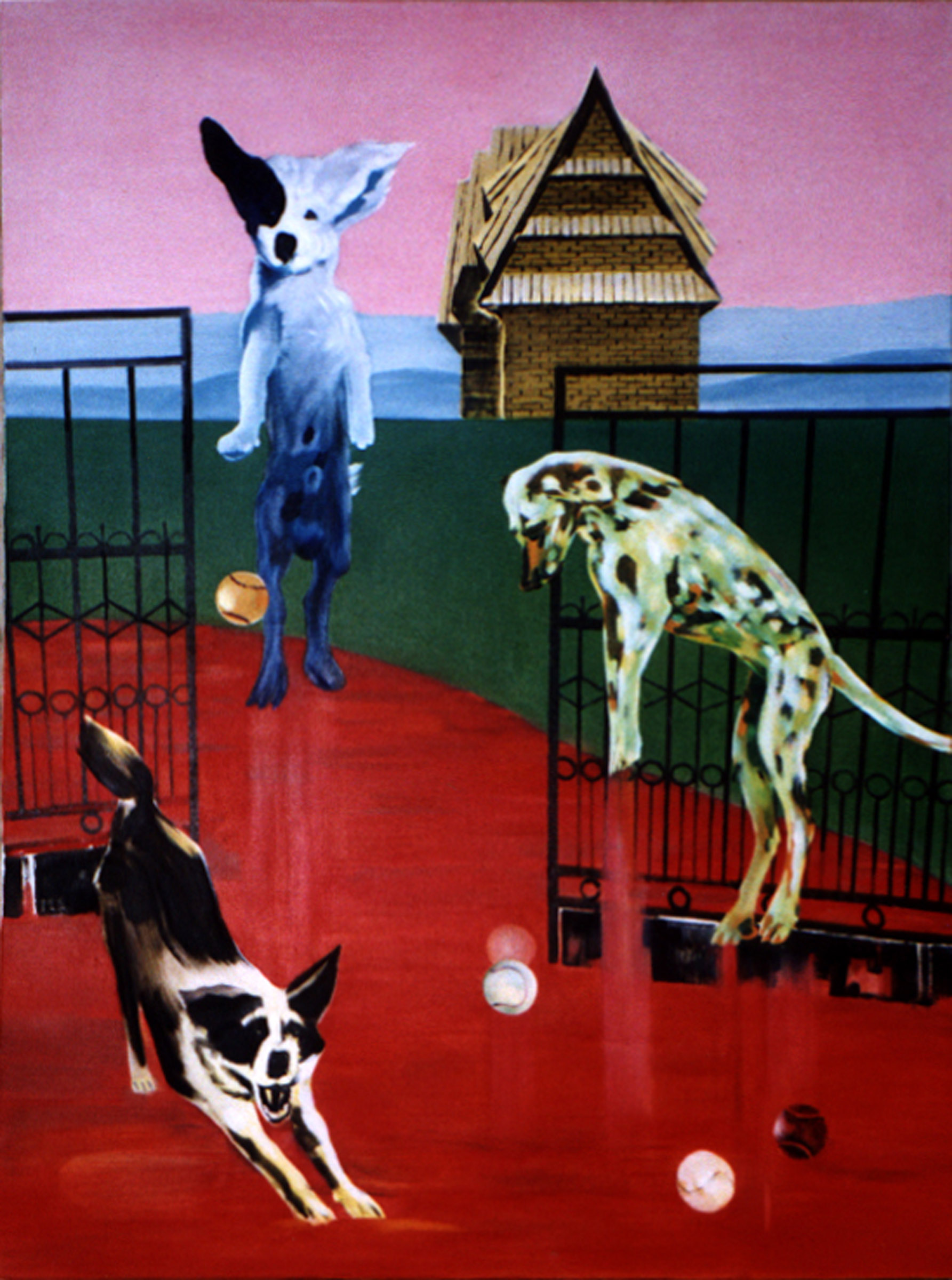 schilderij van springende honden met balletjes bij een hek - Cornelia Vrolijk