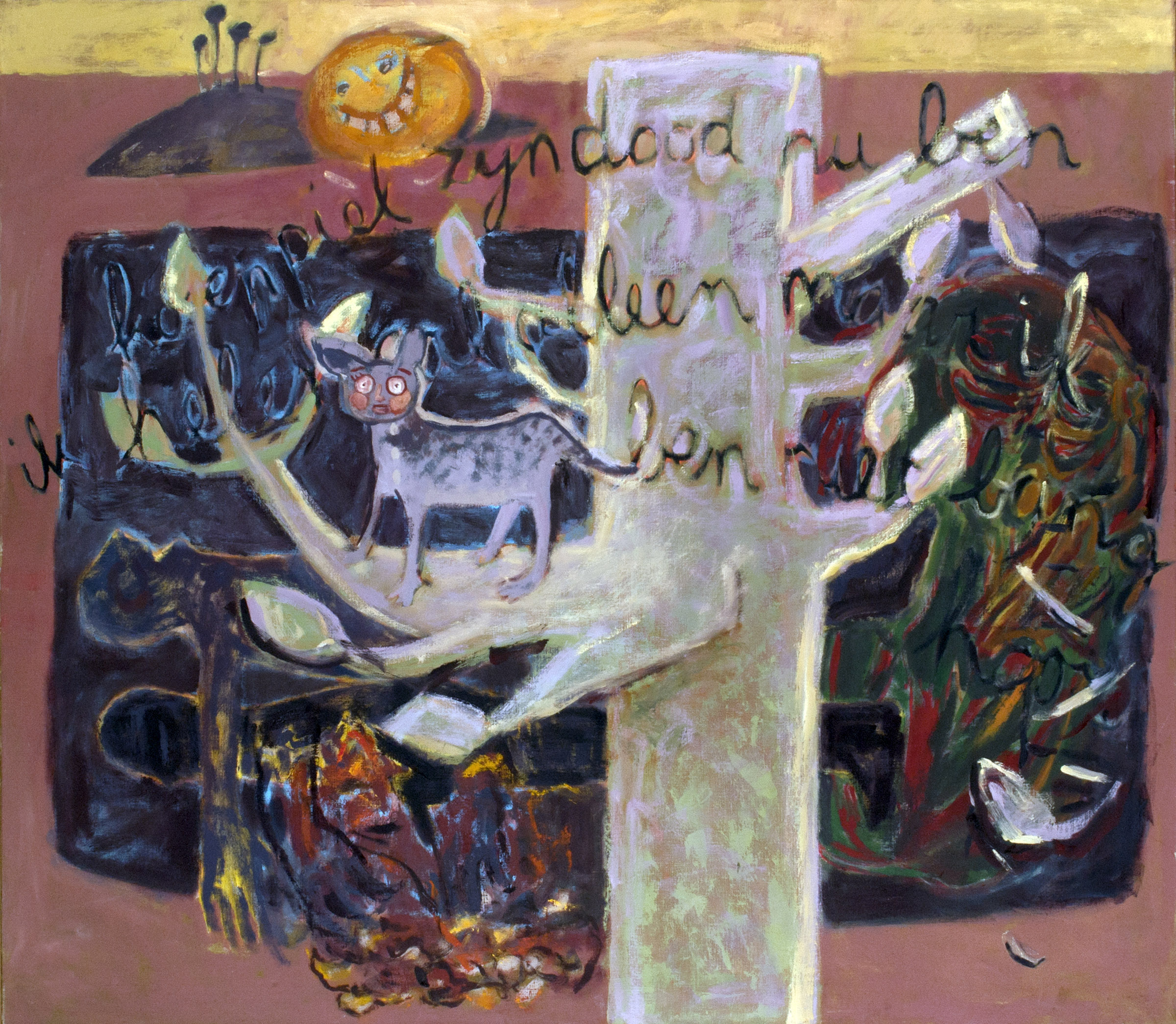 schilderij van boom met poes, zon, liggende figuren en tekst - Cornelia Vrolijk