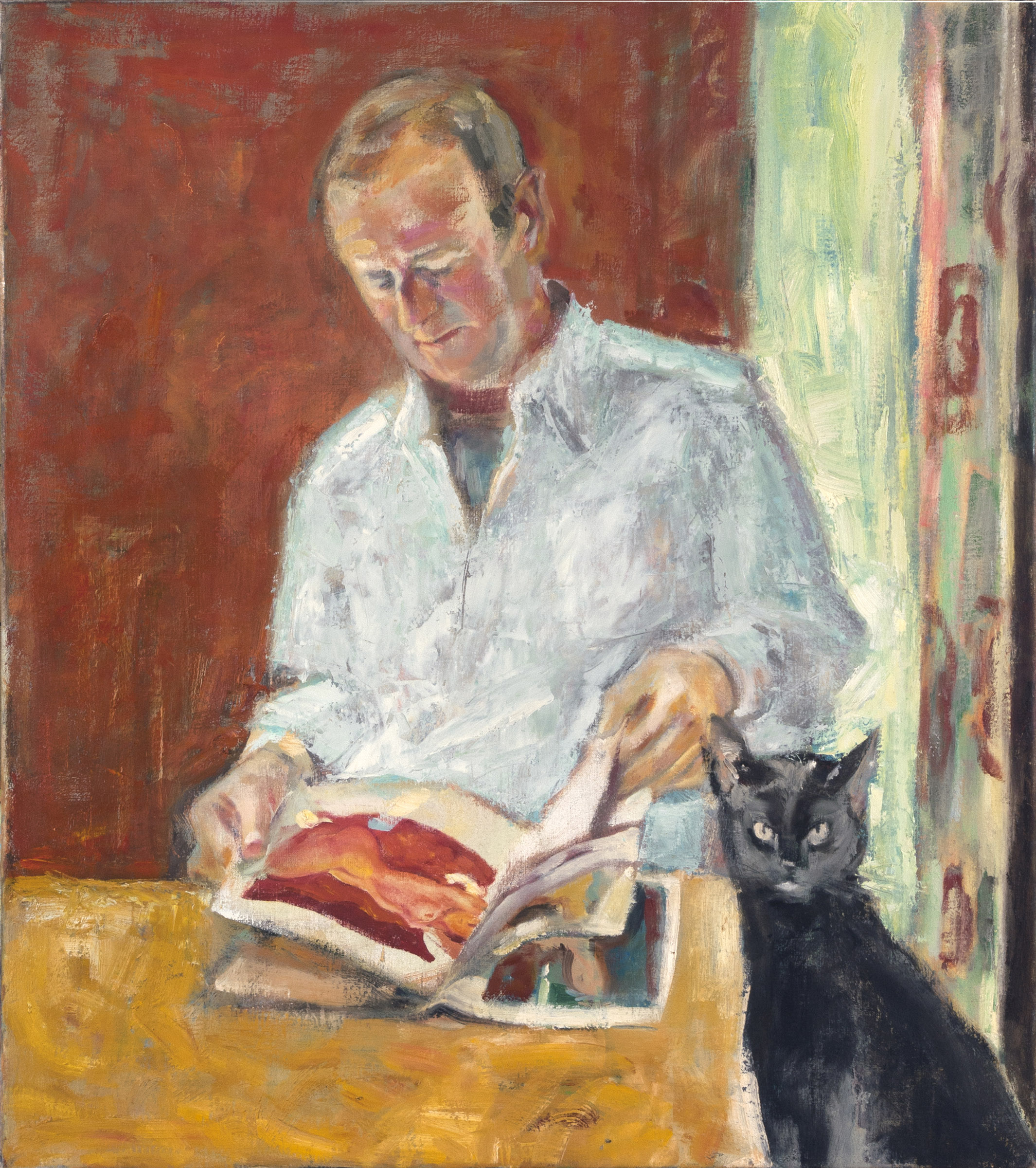 schilderij van man die in boek over Modigliani bladert - Cornelia Vrolijk