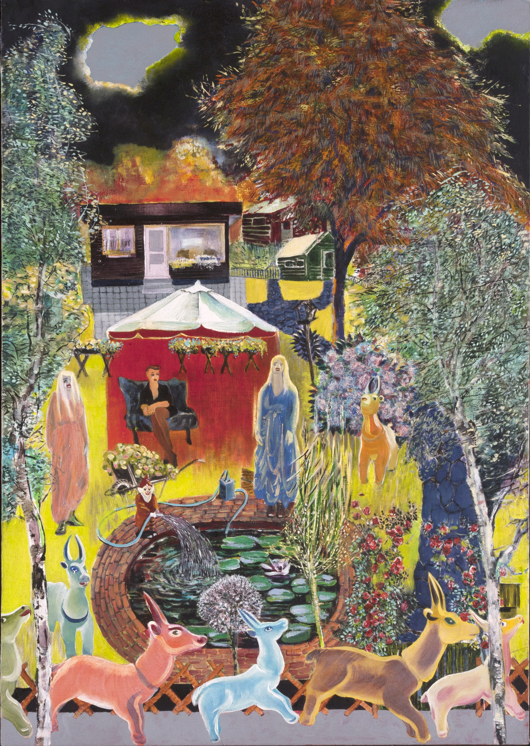 schilderij van tuinhuisje met dames en fantasiedieren - Cornelia Vrolijk