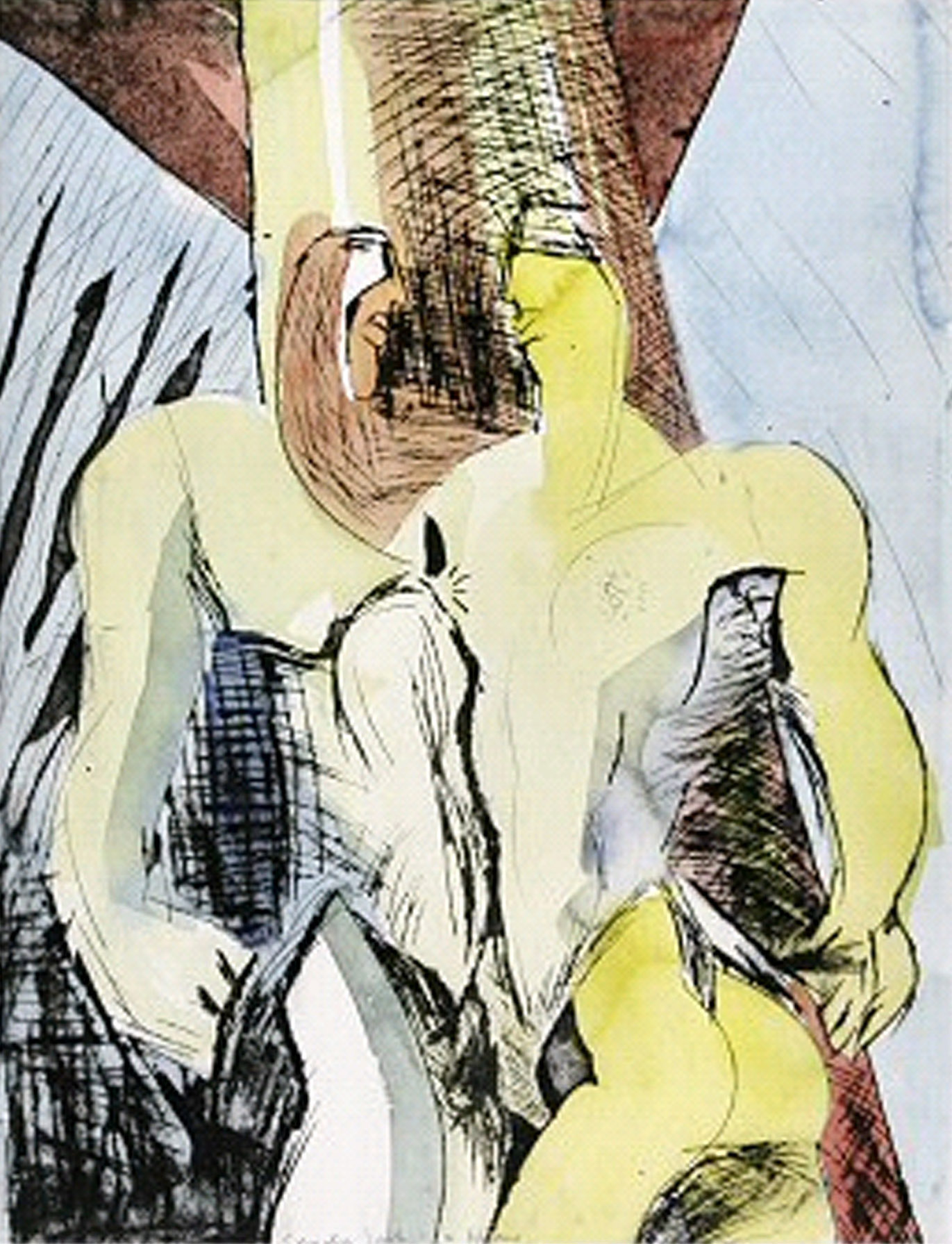 kartondruk met aquarel van twee figuren - Cornelia Vrolijk