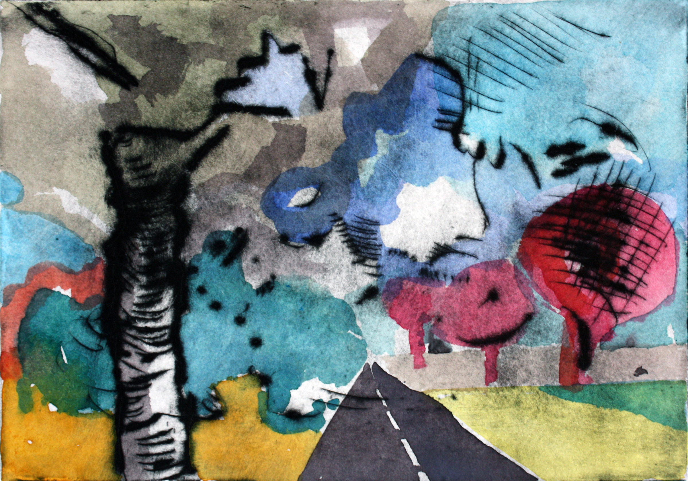 plasticdruk met aquarel van weg en rode bomen - Cornelia Vrolijk