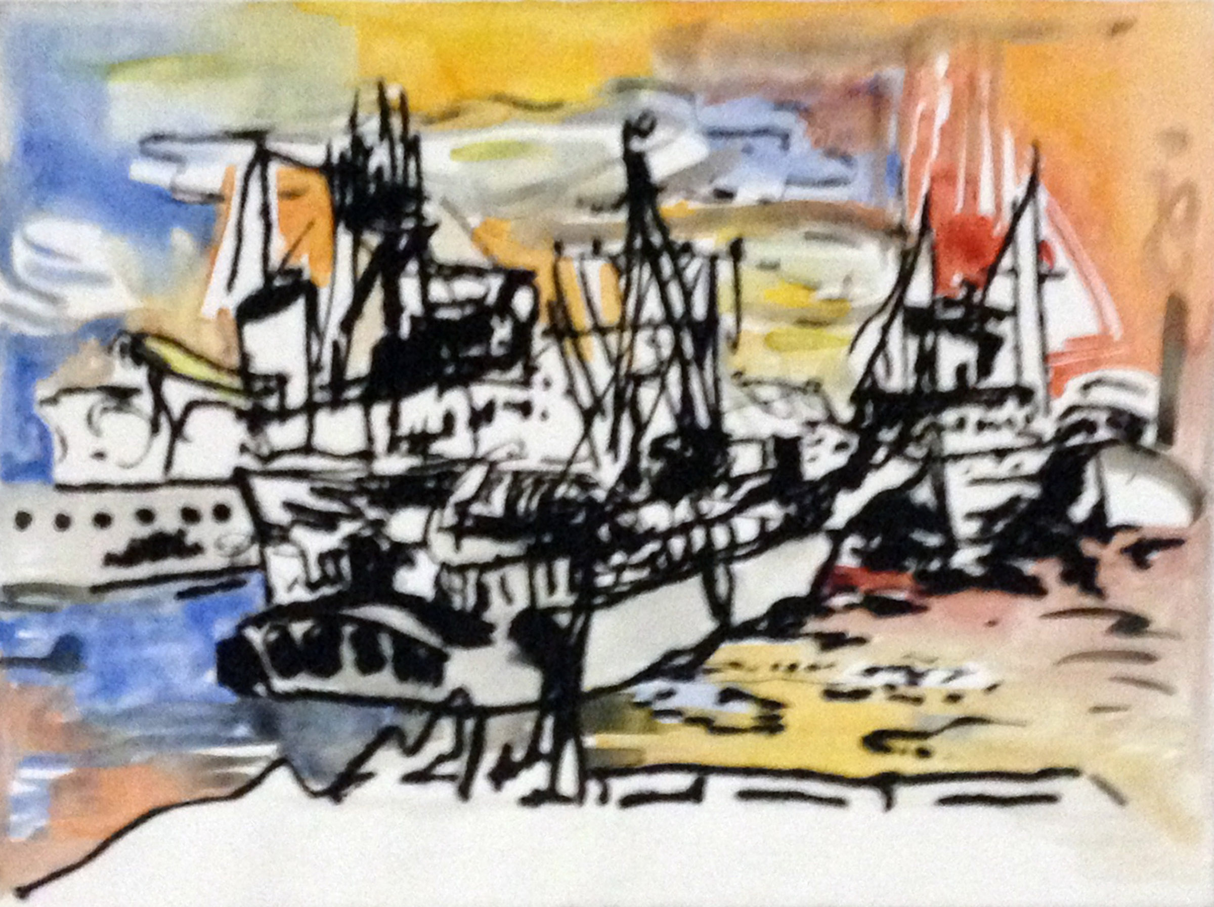 plasticdruk met aquarel van boten in het westelijk havengebied - Cornelia Vrolijk