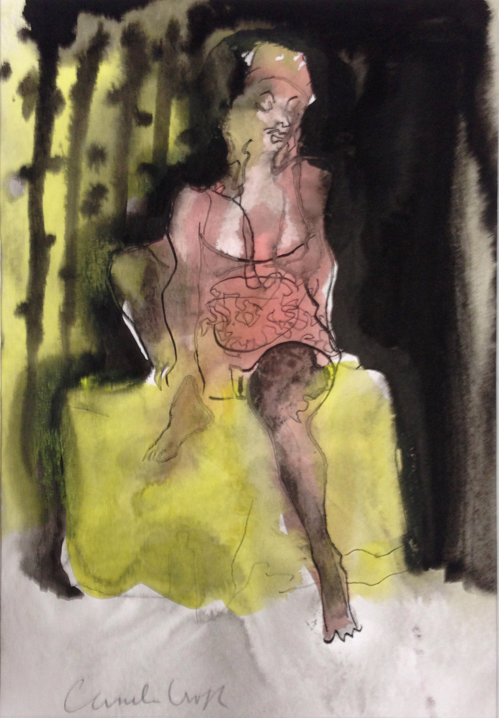 aquarel van vrouw in roze ondergoed - Cornelia Vrolijk