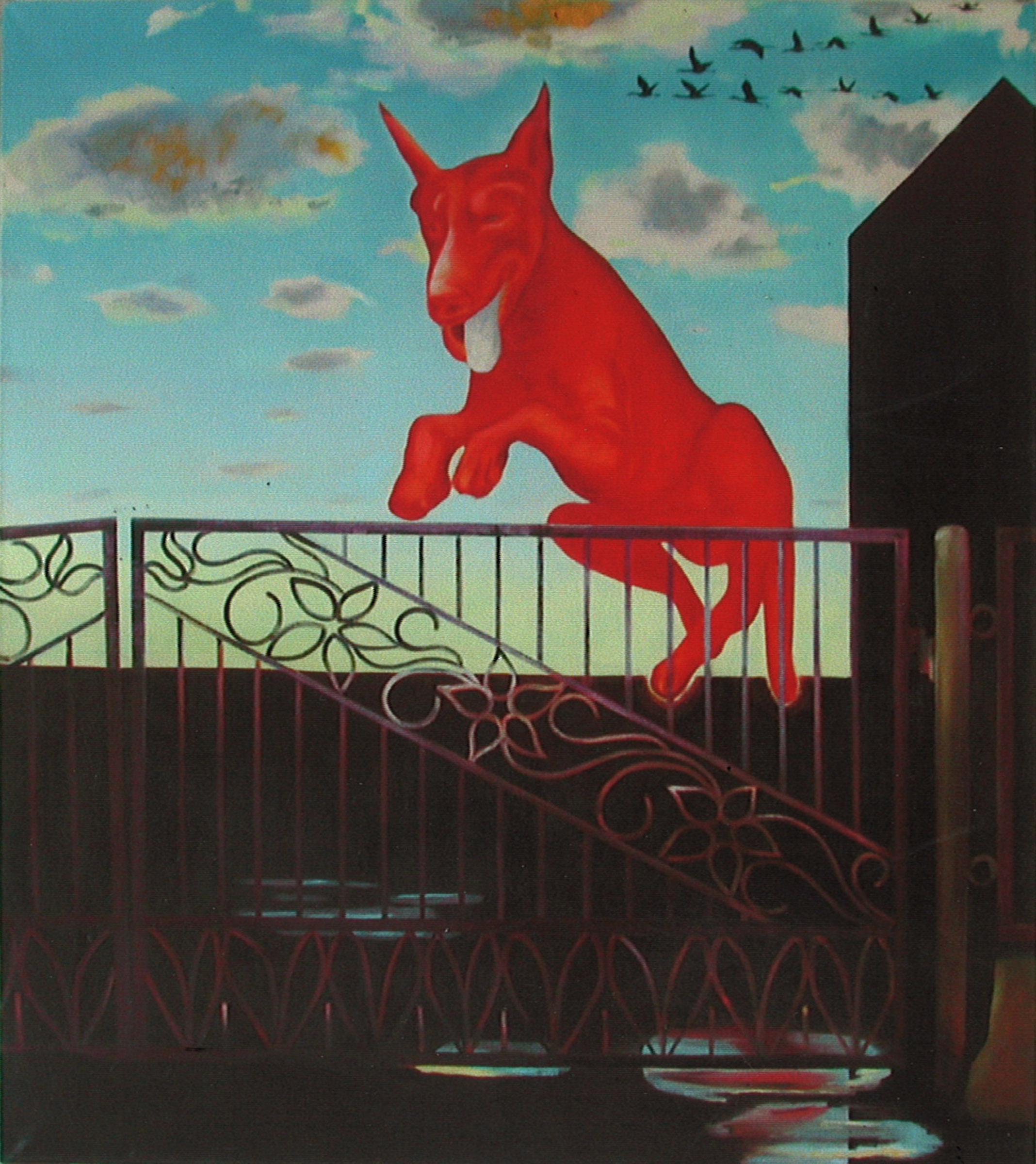 schilderij van springende hond achter hek - Cornelia Vrolijk